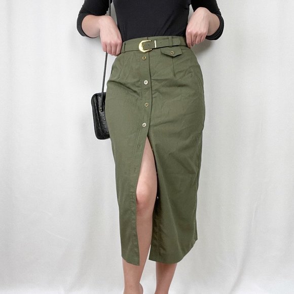 Vintage Midi Skirt Button Up High Rise Long Slit Belted Green Preppy Academia - Picture 7 of 7